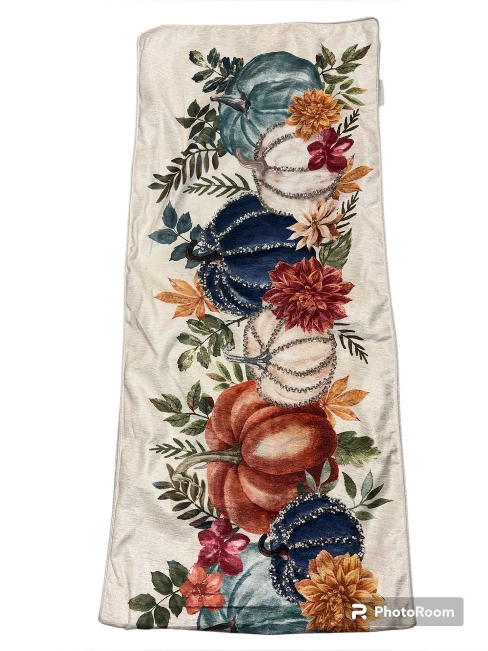 Artisan De Luxe Beaded Pumpkins Table Runner Fall Flowers Thanksgiving 16x72